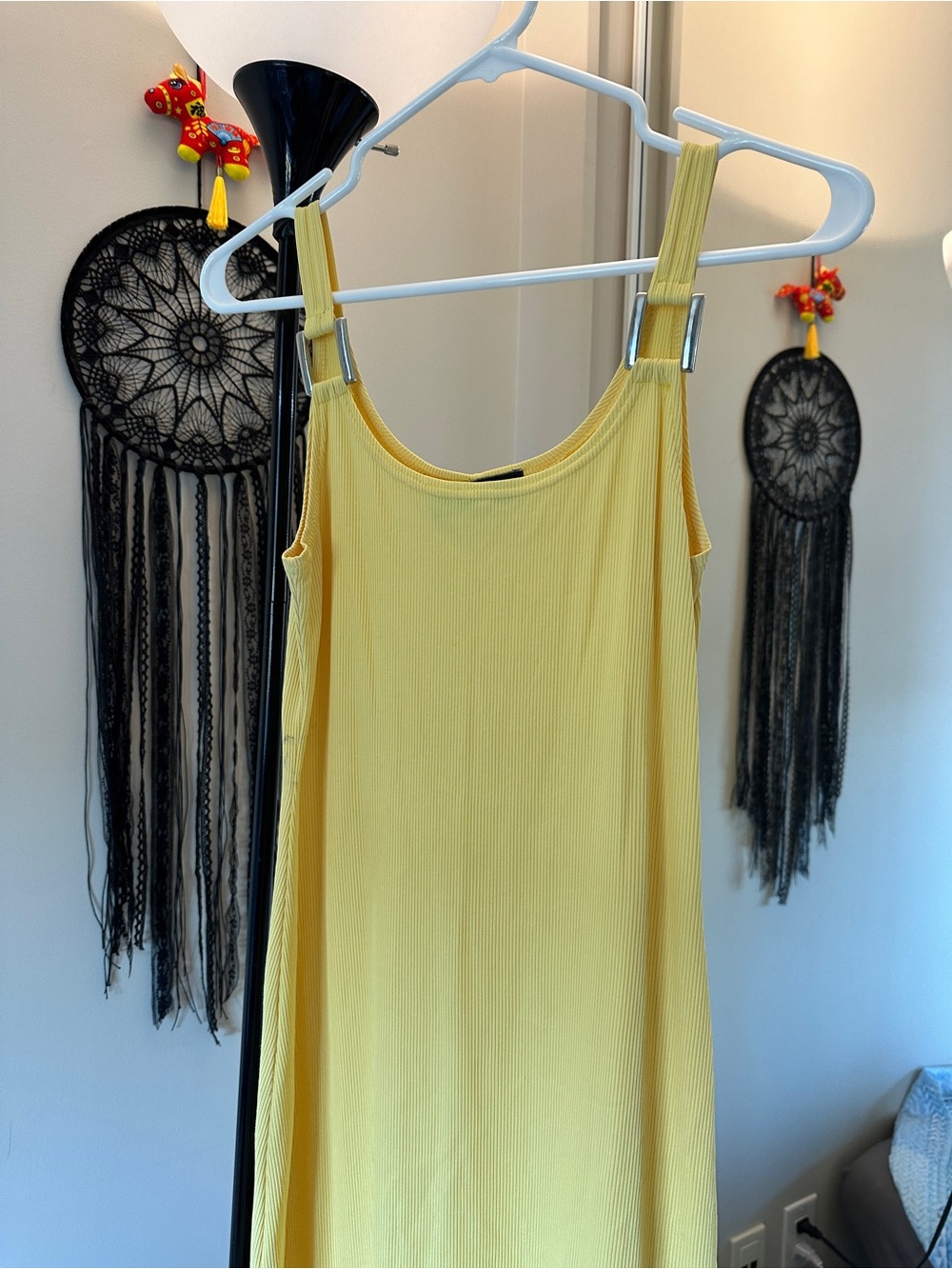 Sleeveless Yellow Ribbed Midi Dress with Adjustable Strap Hardware